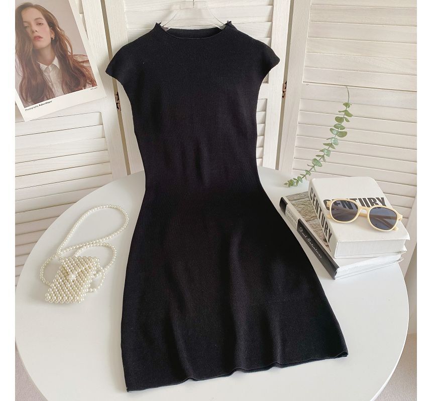 Cap-Sleeve Mock Neck Plain Knit Mini Bodycon Dress