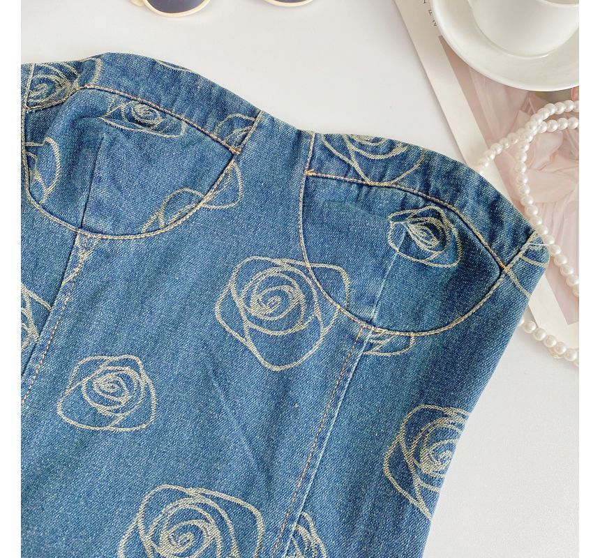 Floral Print Denim Crop Bustier Top