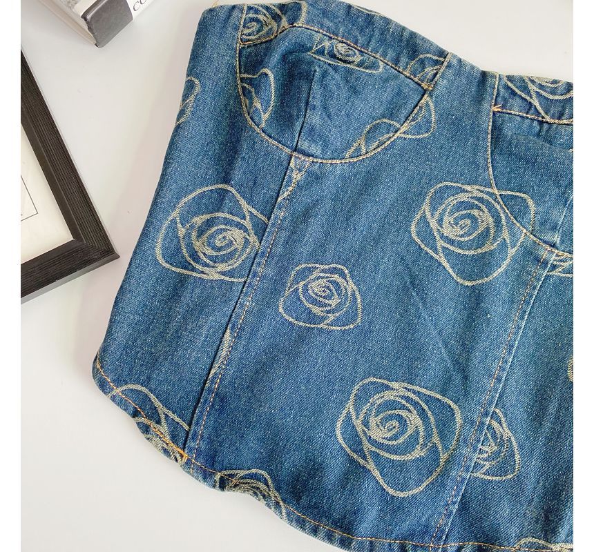 Floral Print Denim Crop Bustier Top