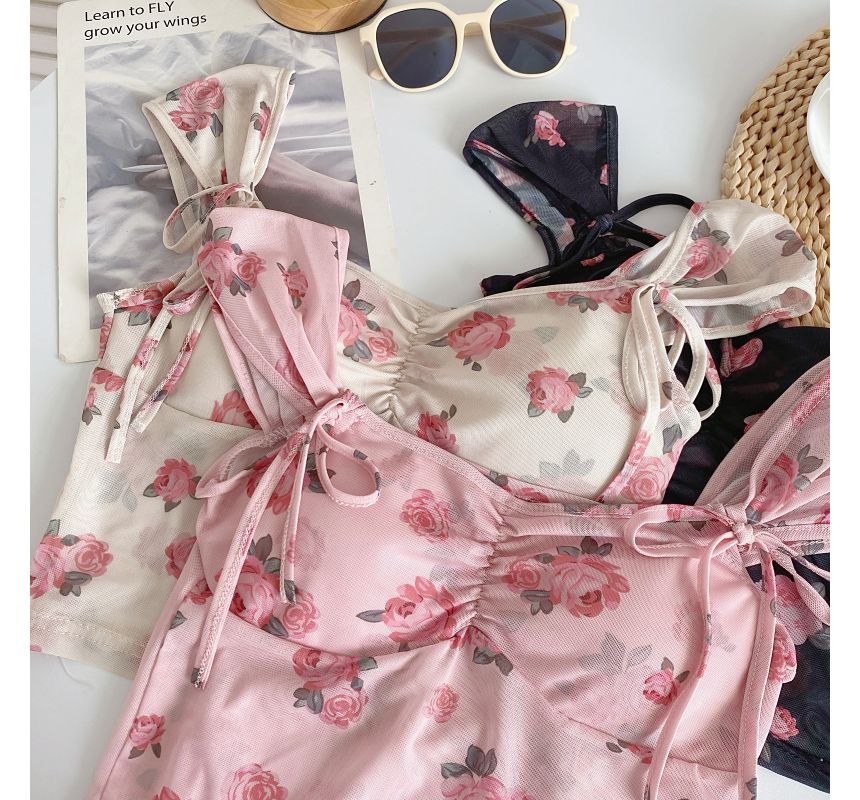 Cap-Sleeve V-Neck Floral Print Bustier Crop Top