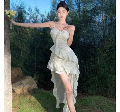 Spaghetti Strap Floral Ruffle Trim Maxi A-Line Dress