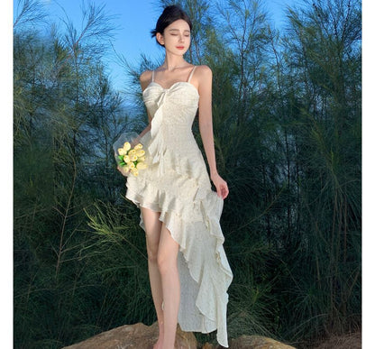 Spaghetti Strap Floral Ruffle Trim Maxi A-Line Dress