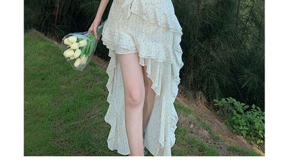 Spaghetti Strap Floral Ruffle Trim Maxi A-Line Dress