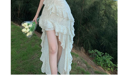 Spaghetti Strap Floral Ruffle Trim Maxi A-Line Dress