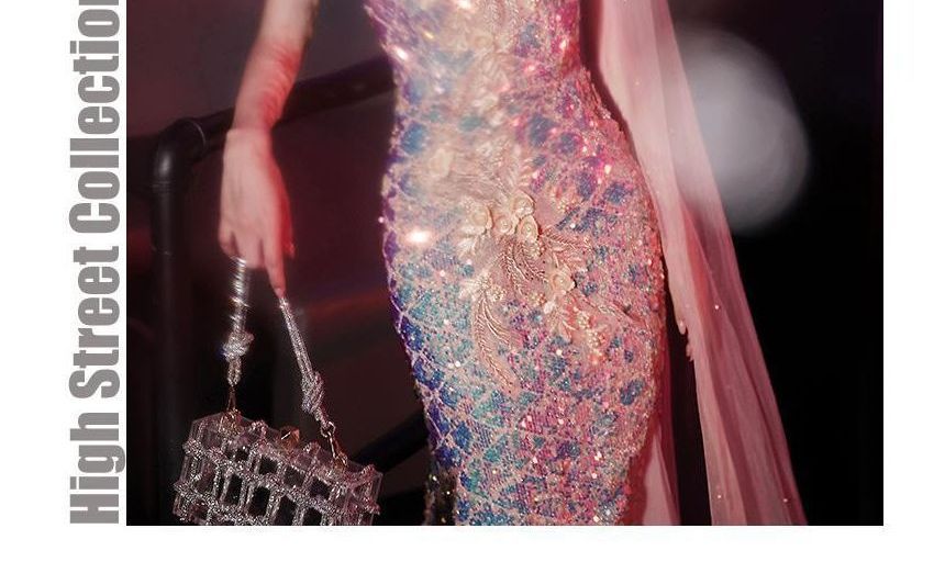 Sleeveless One Shoulder Sequin Bow Panel Mesh Mermaid Evening Gown