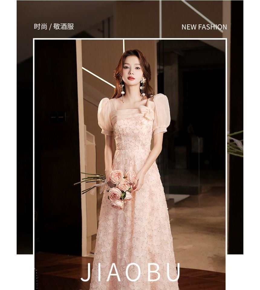 Puff Sleeve Square Neck Floral Patterned Panel A-Line Evening Gown