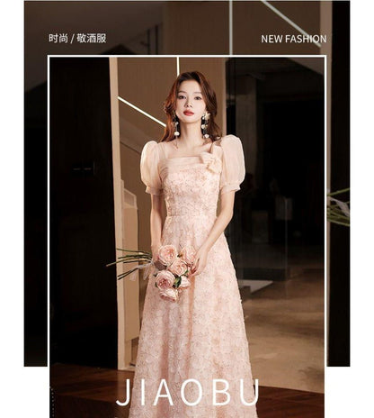 Puff Sleeve Square Neck Floral Patterned Panel A-Line Evening Gown