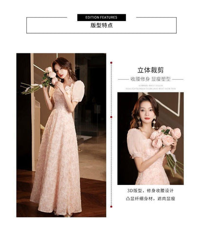 Puff Sleeve Square Neck Floral Patterned Panel A-Line Evening Gown