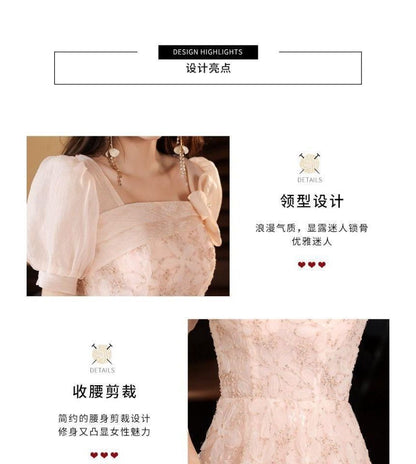 Puff Sleeve Square Neck Floral Patterned Panel A-Line Evening Gown
