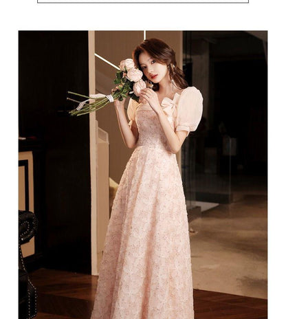 Puff Sleeve Square Neck Floral Patterned Panel A-Line Evening Gown