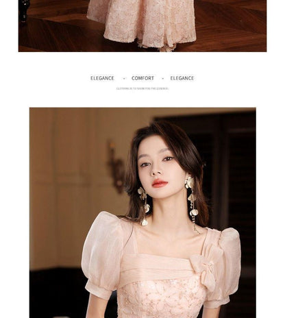 Puff Sleeve Square Neck Floral Patterned Panel A-Line Evening Gown