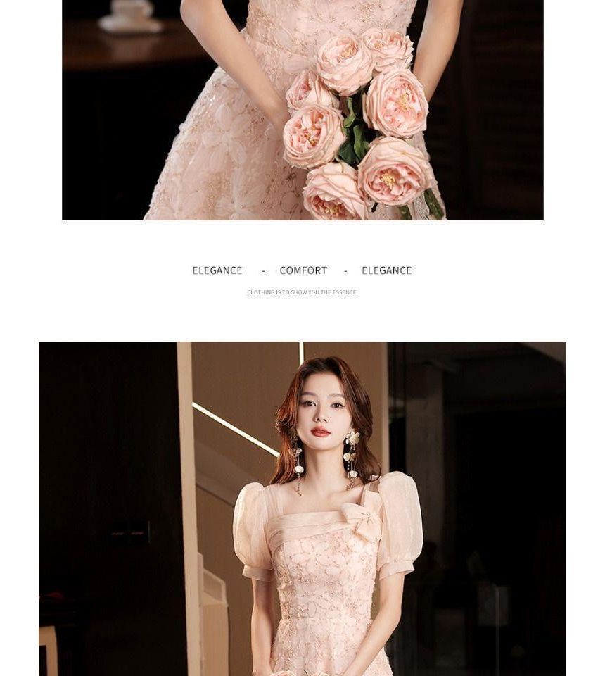 Puff Sleeve Square Neck Floral Patterned Panel A-Line Evening Gown