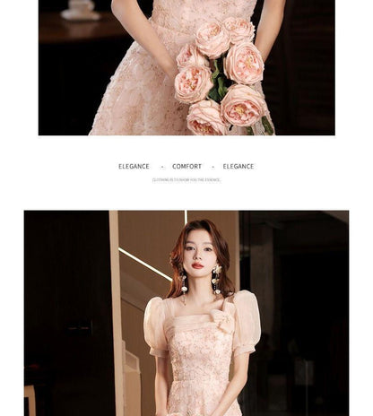 Puff Sleeve Square Neck Floral Patterned Panel A-Line Evening Gown