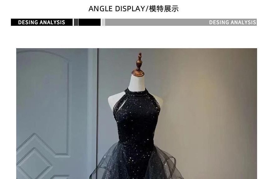 Mesh Panel Sleeveless Gown Glitter Evening Plain Ruffle A-Line Crew Neck Beaded