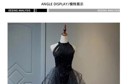 Mesh Panel Sleeveless Gown Glitter Evening Plain Ruffle A-Line Crew Neck Beaded