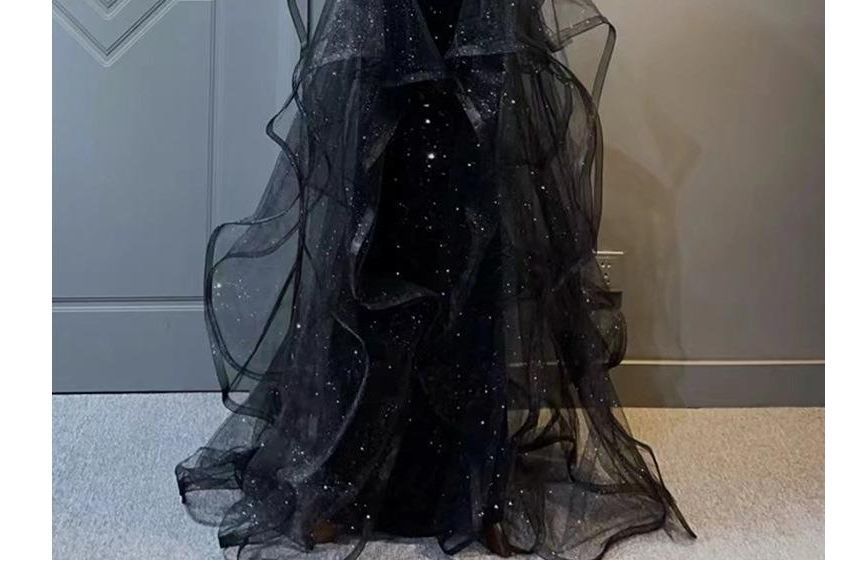 Mesh Panel Sleeveless Gown Glitter Evening Plain Ruffle A-Line Crew Neck Beaded