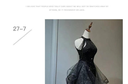 Mesh Panel Sleeveless Gown Glitter Evening Plain Ruffle A-Line Crew Neck Beaded