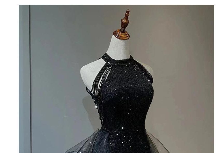 Mesh Panel Sleeveless Gown Glitter Evening Plain Ruffle A-Line Crew Neck Beaded