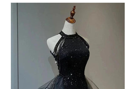 Mesh Panel Sleeveless Gown Glitter Evening Plain Ruffle A-Line Crew Neck Beaded