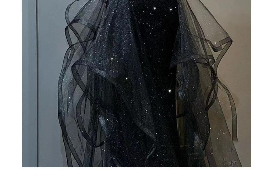 Mesh Panel Sleeveless Gown Glitter Evening Plain Ruffle A-Line Crew Neck Beaded