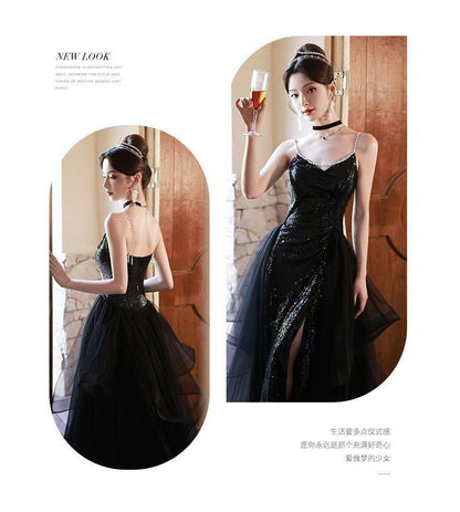 Spaghetti Strap V-Neck Plain Sequin Slit Panel Mesh A-Line Evening Gown