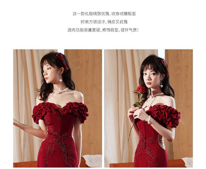 Gown Panel Evening Shoulder Ruched Mermaid Beaded Short-Sleeve Mesh Plain Off