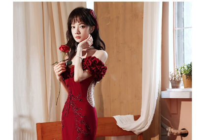 Gown Panel Evening Shoulder Ruched Mermaid Beaded Short-Sleeve Mesh Plain Off