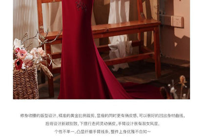 Short-Sleeve Off Shoulder Plain Beaded Ruched Panel Mesh Mermaid Evening Gown