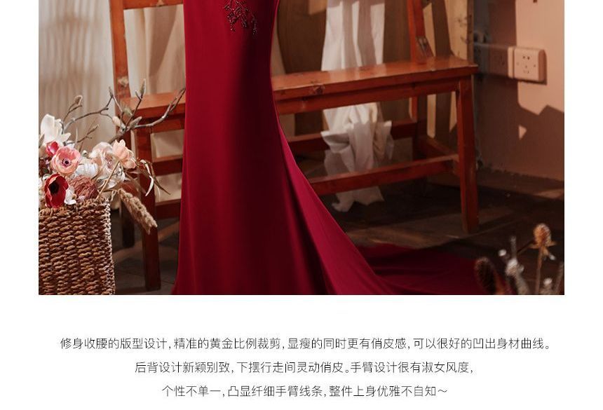 Gown Panel Evening Shoulder Ruched Mermaid Beaded Short-Sleeve Mesh Plain Off