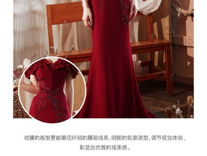 Gown Panel Evening Shoulder Ruched Mermaid Beaded Short-Sleeve Mesh Plain Off