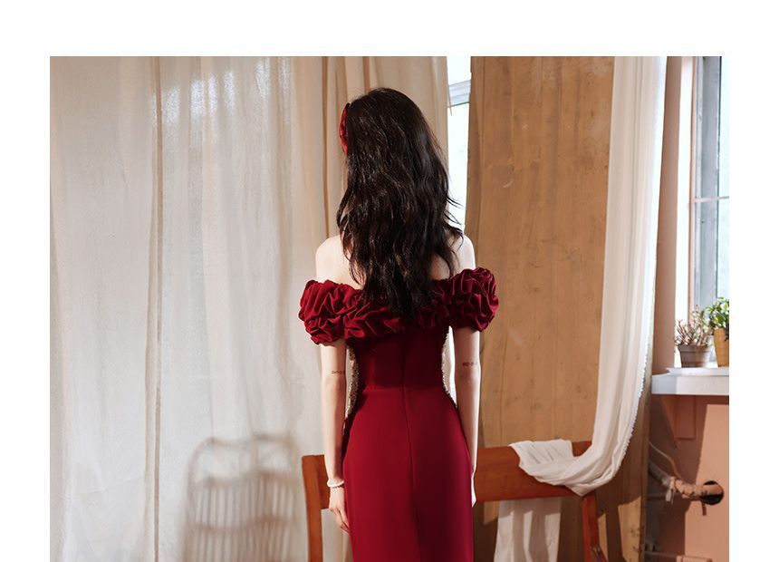 Short-Sleeve Off Shoulder Plain Beaded Ruched Panel Mesh Mermaid Evening Gown