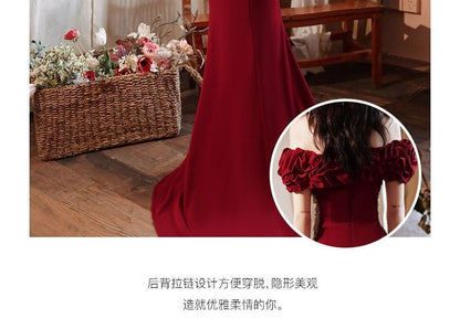 Short-Sleeve Off Shoulder Plain Beaded Ruched Panel Mesh Mermaid Evening Gown