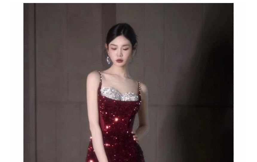 Two Slit Panel Gown Evening Tone Mesh A-Line Spaghetti Strap Sequin