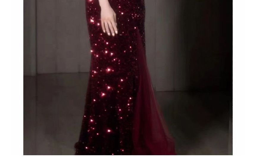 Two Slit Panel Gown Evening Tone Mesh A-Line Spaghetti Strap Sequin