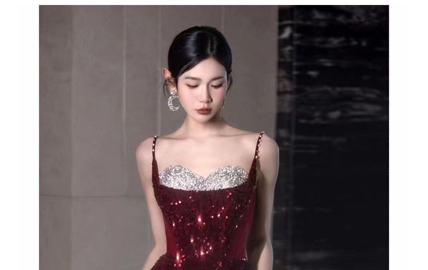 Two Slit Panel Gown Evening Tone Mesh A-Line Spaghetti Strap Sequin