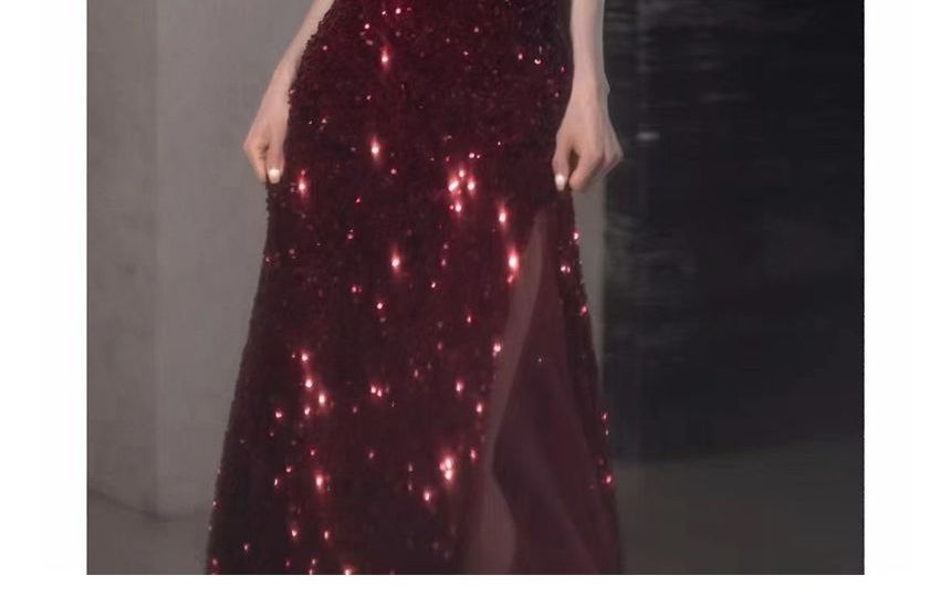 Two Slit Panel Gown Evening Tone Mesh A-Line Spaghetti Strap Sequin