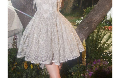 Spaghetti Strap Embroidered Glitter Mini A-Line Party Dress