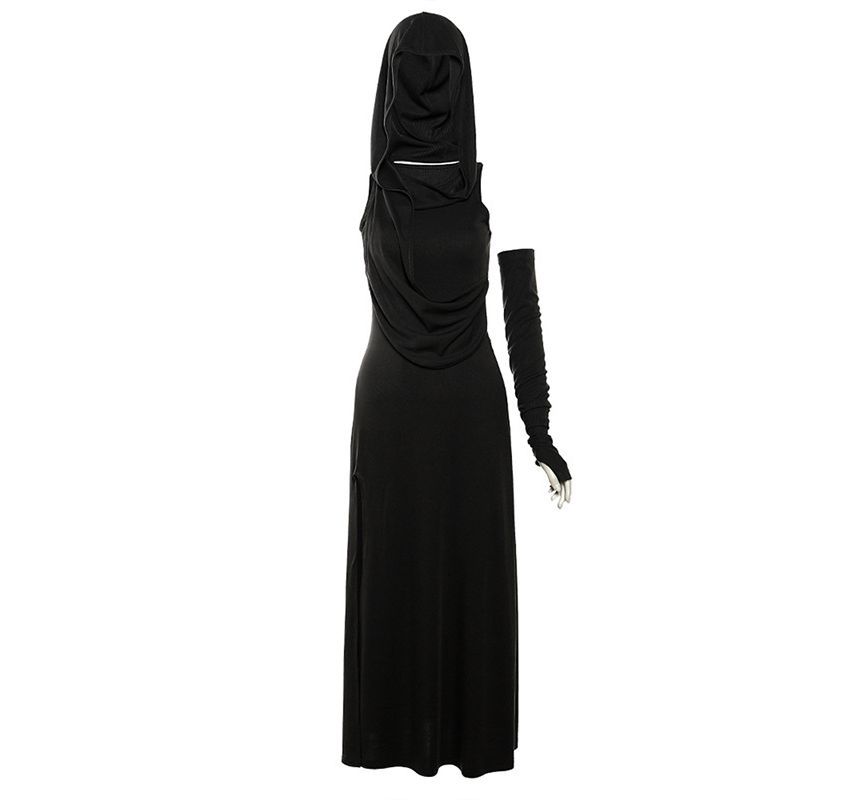 Sleeveless Hooded Slit Sheath Maxi with Arm Sleeves