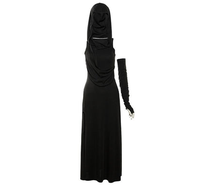 Sleeveless Hooded Slit Sheath Maxi with Arm Sleeves