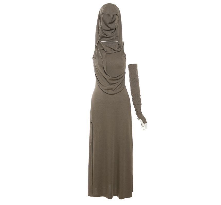 Sleeveless Hooded Slit Sheath Maxi with Arm Sleeves