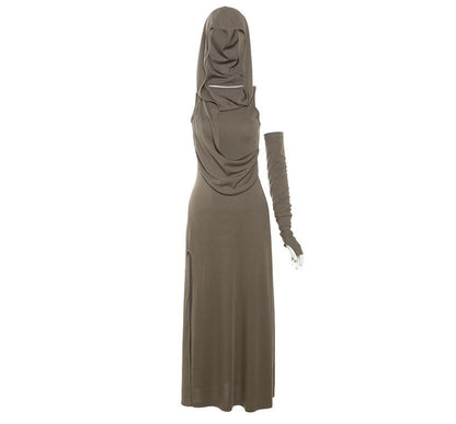 Sleeveless Hooded Slit Sheath Maxi with Arm Sleeves