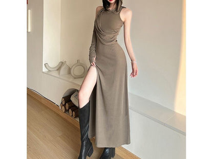 Sleeveless Hooded Slit Sheath Maxi with Arm Sleeves