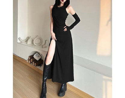 Sleeveless Hooded Slit Sheath Maxi with Arm Sleeves
