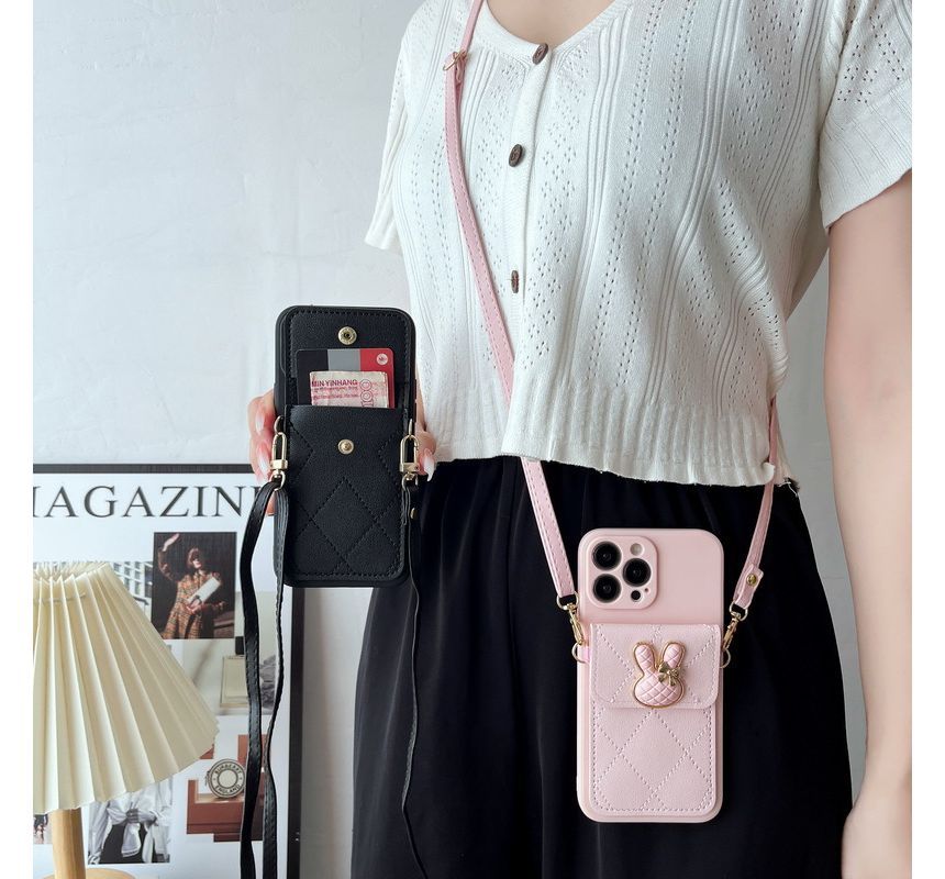 Rabbit Applique Phone Case With Pocket & Crossbody Strap For iPhone 11, 11 Pro, 11 Pro Max, 12/12 Pro, 12 Pro Max, 13, 13 Pro, 13 Pro Max, 14, 14 Plus, 14 Pro, 14 Pro Max