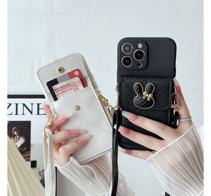 Rabbit Applique Phone Case With Pocket & Crossbody Strap For iPhone 11, 11 Pro, 11 Pro Max, 12/12 Pro, 12 Pro Max, 13, 13 Pro, 13 Pro Max, 14, 14 Plus, 14 Pro, 14 Pro Max