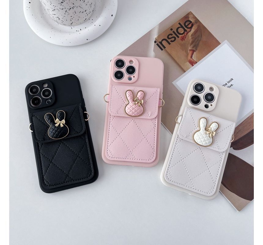 Rabbit Applique Phone Case With Pocket & Crossbody Strap For iPhone 11, 11 Pro, 11 Pro Max, 12/12 Pro, 12 Pro Max, 13, 13 Pro, 13 Pro Max, 14, 14 Plus, 14 Pro, 14 Pro Max