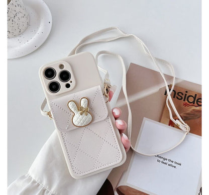 Rabbit Applique Phone Case With Pocket & Crossbody Strap For iPhone 11, 11 Pro, 11 Pro Max, 12/12 Pro, 12 Pro Max, 13, 13 Pro, 13 Pro Max, 14, 14 Plus, 14 Pro, 14 Pro Max