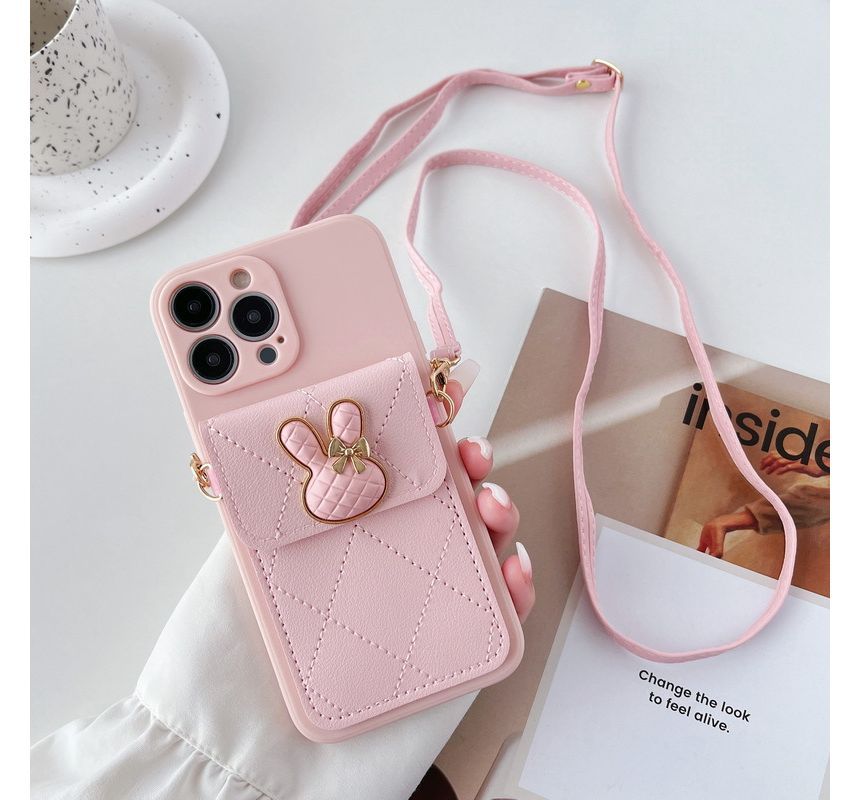 Rabbit Applique Phone Case With Pocket & Crossbody Strap For iPhone 11, 11 Pro, 11 Pro Max, 12/12 Pro, 12 Pro Max, 13, 13 Pro, 13 Pro Max, 14, 14 Plus, 14 Pro, 14 Pro Max