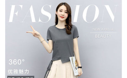 Set: Short-Sleeve Round Neck Plain T-Shirt + Elastic Waist Plain Midi A-Line Skirt