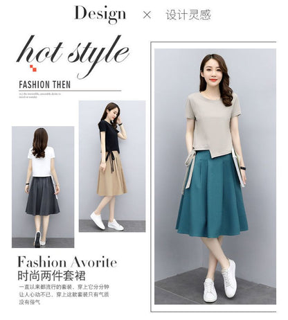 Set: Short-Sleeve Round Neck Plain T-Shirt + Elastic Waist Plain Midi A-Line Skirt